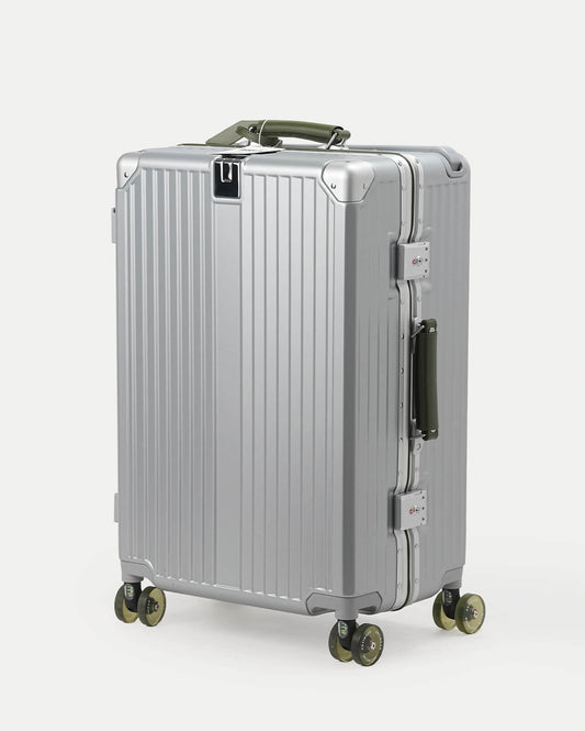 TravelCore Aluminum Spinner Suitcase | Silver Olive Green