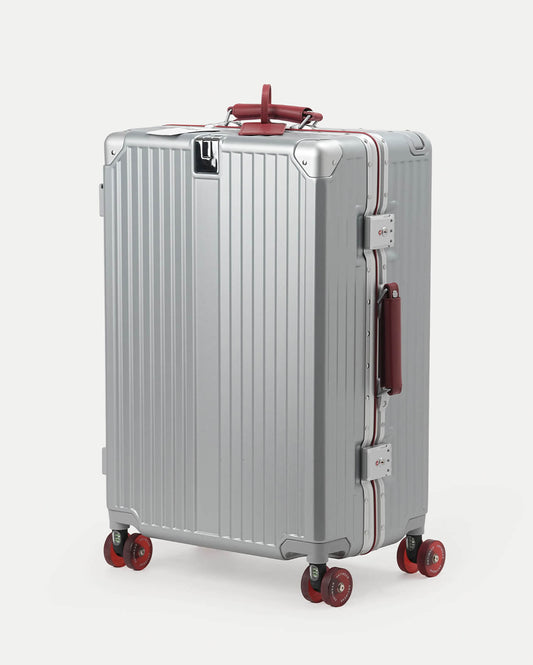 TravelCore Aluminum Spinner Suitcase | Silver Burgundy