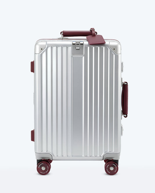TravelCore Aluminum Spinner Suitcase | Silver Burgundy