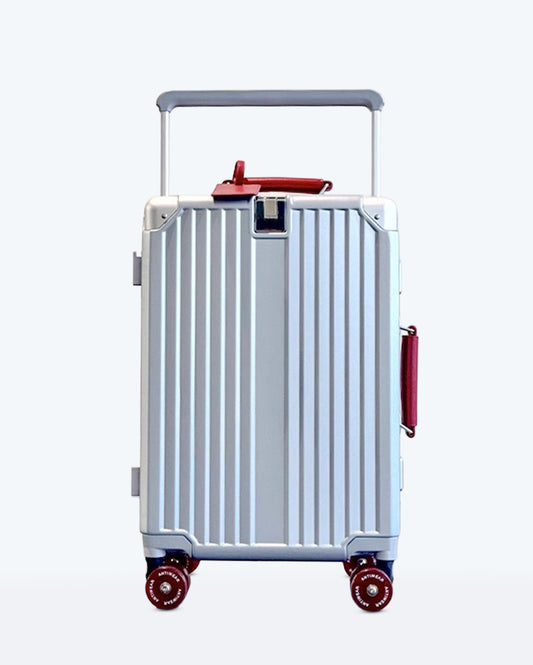 TravelCore Aluminum Spinner Suitcase | Silver Burgundy