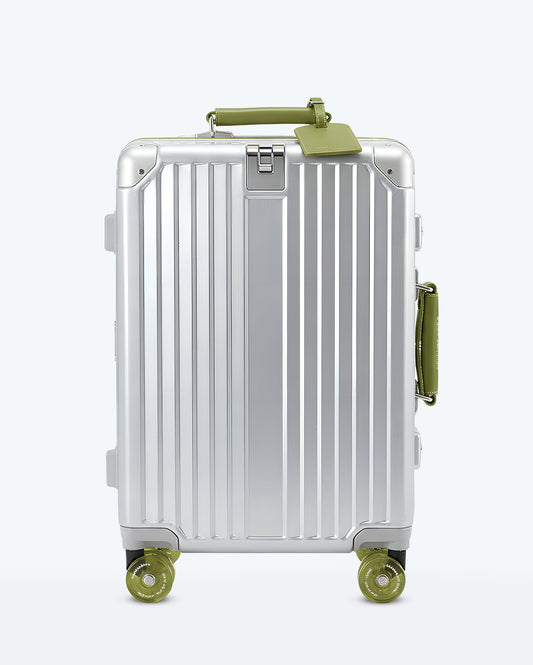 TravelCore Aluminum Spinner Suitcase | Silver Olive Green