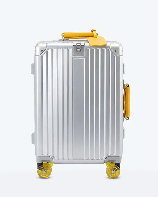 TravelCore Aluminum Spinner Suitcase | Silver Yellow