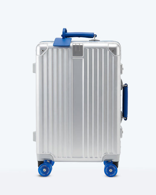 TravelCore Aluminum Spinner Suitcase | White Blue